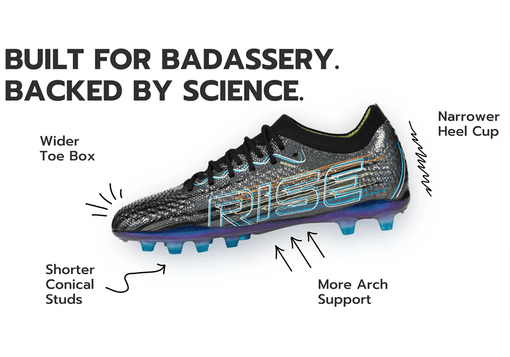 IDA Sport football cleat featuring a narrower heel cup, wider toe box, shorter conical studs, and more arch support.