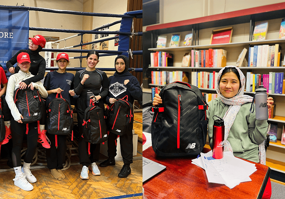 On the left, a group of athletes in a boxing ring, smiles while holding New Balance backpacks. On the right, an individual sits at a table inside a library, holding a New Balance backpack and a New Balance water bottle.