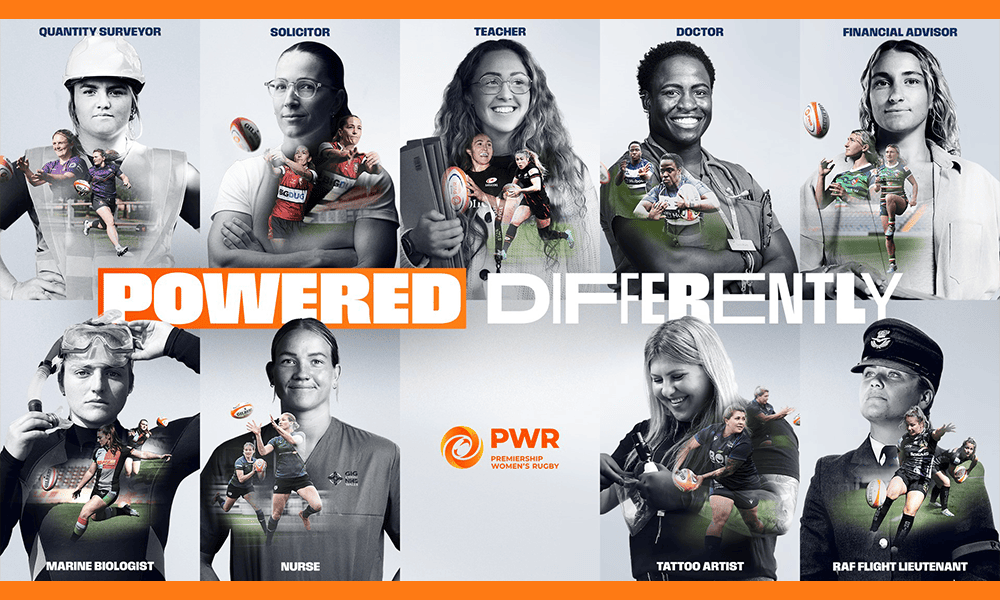 Collage featuring diverse Premiership Women's Rugby players holding a rugby ball and including their day-job titles with the text 'POWERED DIFFERENTLY' and the logo of 'PWR, The Power of Rugby'.