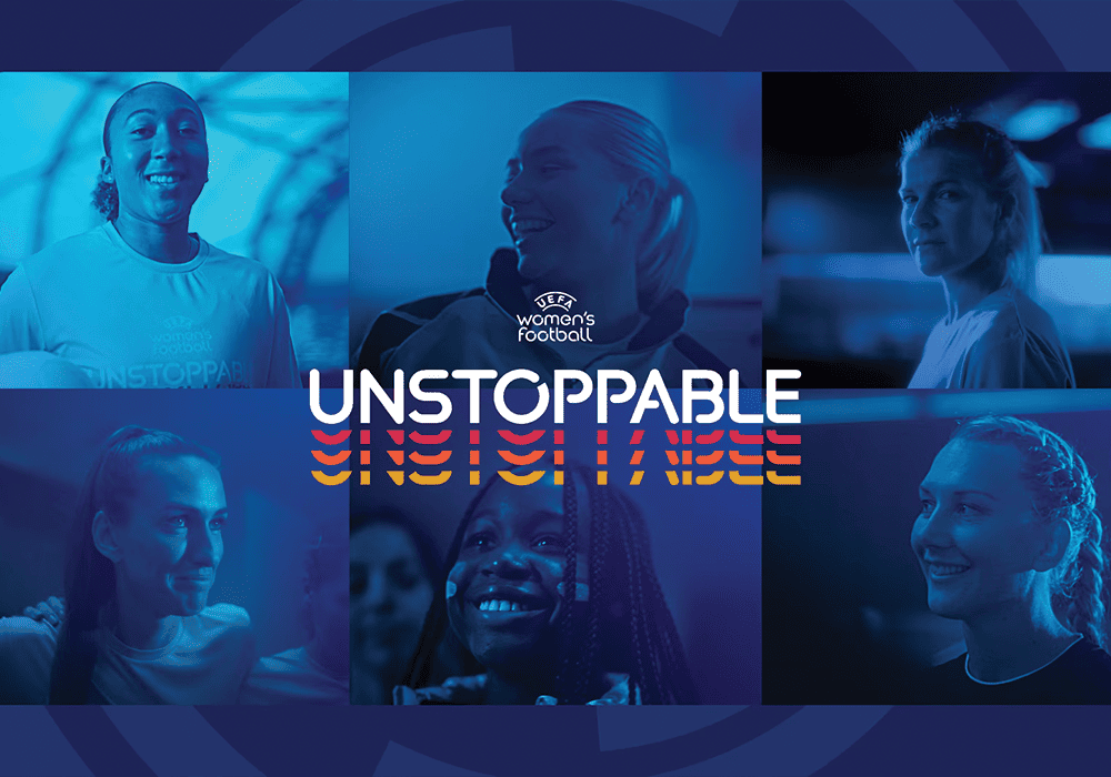 Collage of six women and girls, including professional footballers and referees with overlay text "UNSTOPPABLE" and the UEFA Women's Football logo, set against a blue-toned background.